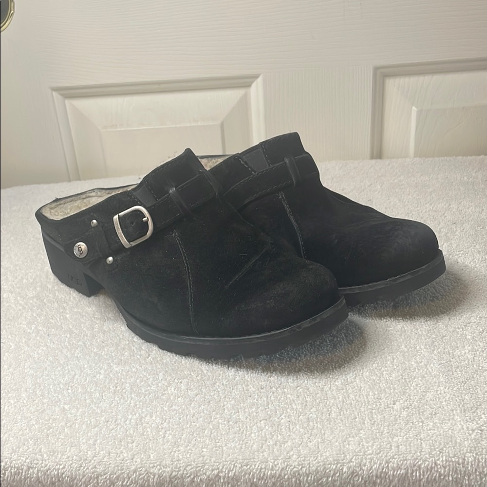 UGG Lila Black Suede Sheepskin Mules - Black